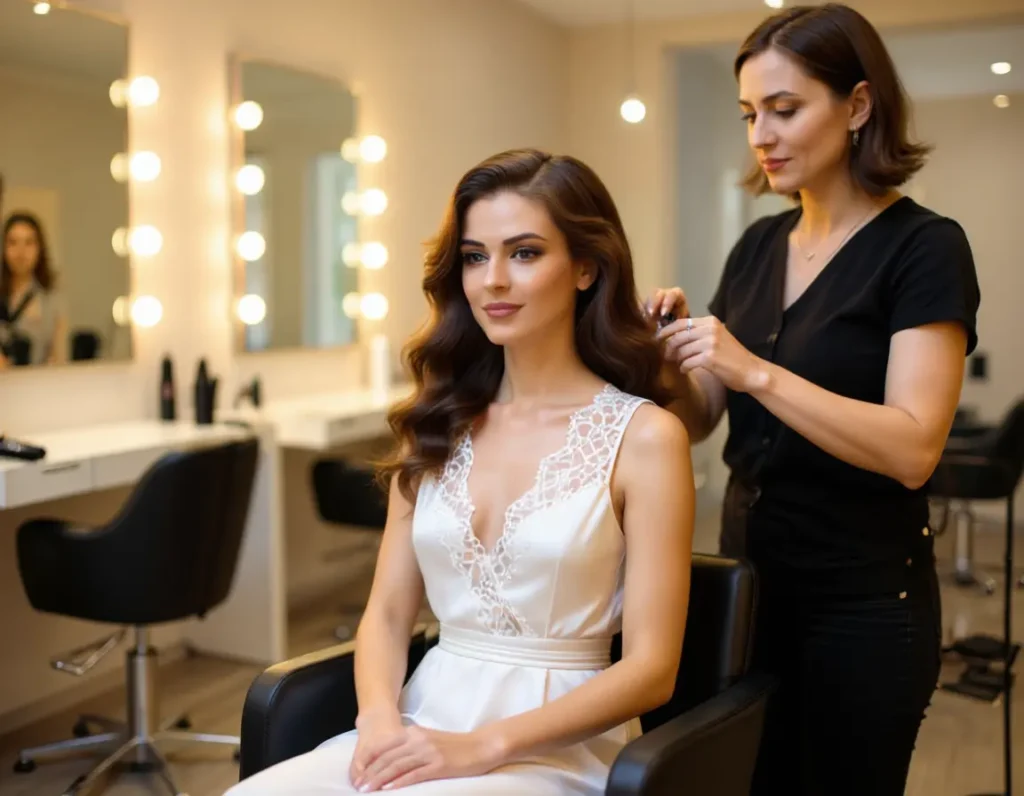 A stylist fitting a wig on a client