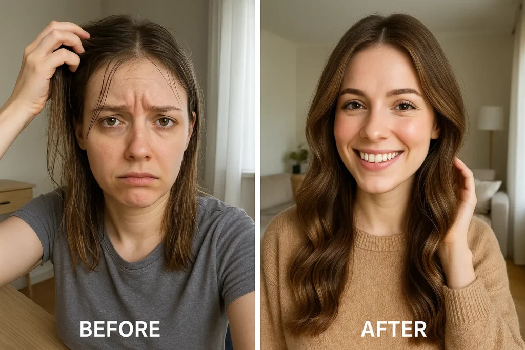 before and after image of girl after washing and styling her hairs