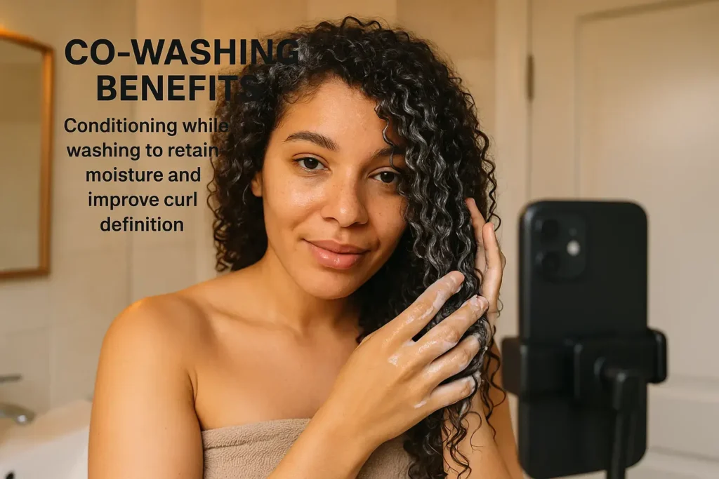 Woman applying conditioner in bathroom.