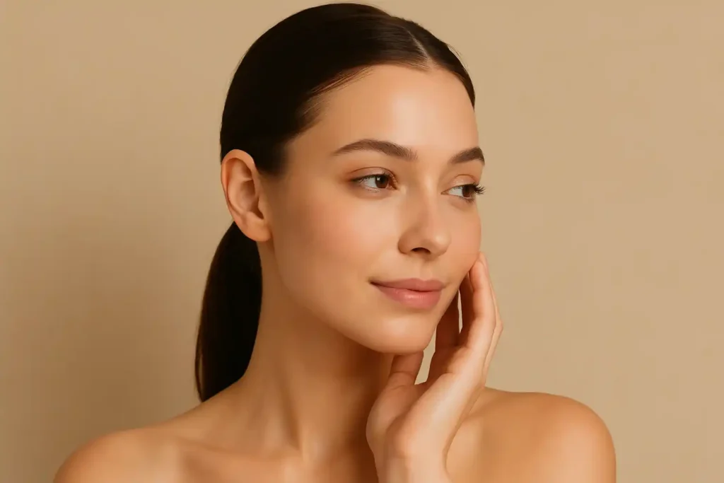 Woman touching cheek with soft smile, glowing skin, minimalist beige background, ideal for skincare & skinimalism.