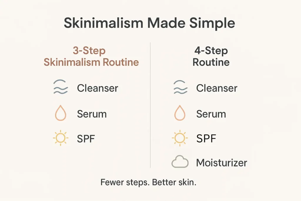 Infographic: 3-step (cleanser, serum, SPF) vs. 4-step (adds moisturizer) Skinimalism routines with simple icons — easy to remember, less is more.