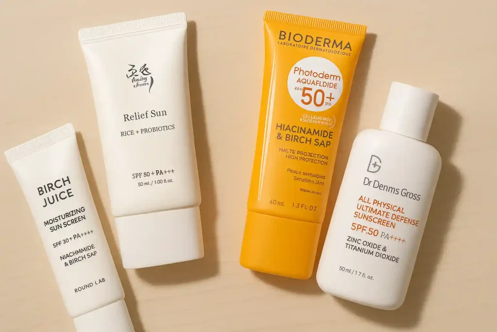 Best reef-safe sunscreens with zinc oxide & titanium dioxide: Dr. Denms Gross, Bioderma, Round Lab Birch Juice, and Amiyo Sensa Relief Sun. (Bad Ingredients in Sunscreen)