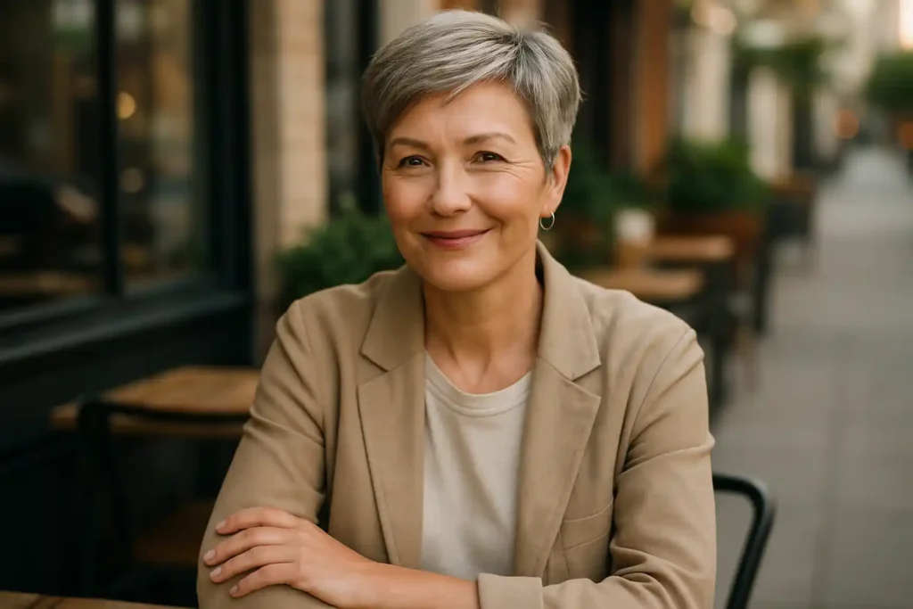 Confident older woman with short gray pixie cut, smiling at outdoor café — stylish, modern, ageless look.