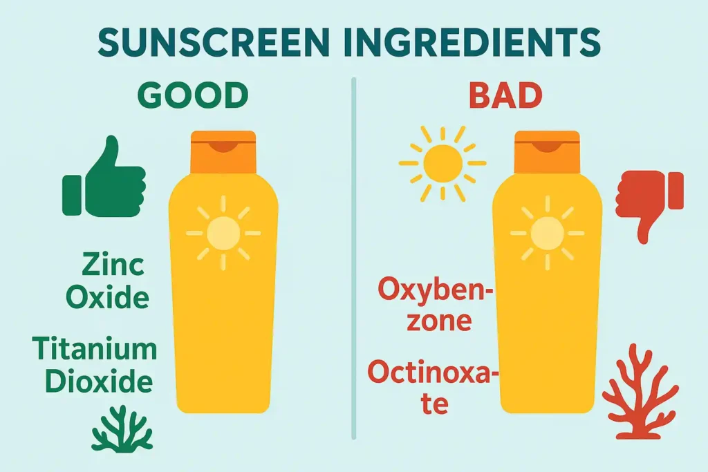 Reef-safe sunscreen ingredients: Zinc Oxide & Titanium Dioxide (Good) vs Oxybenzone & Octinoxate (Bad).