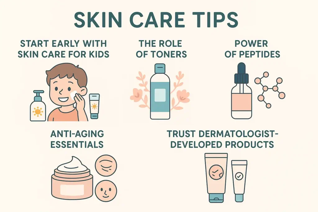 Infographic summarizing key skincare tips: starting early with kids' skincare, the role of toners, the power of peptides, anti-aging essentials, and trusting dermatologist-developed products.