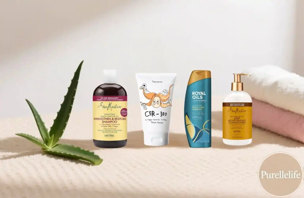 A curated collection of four Best Curly Hair Products for healthy, nourished hair: SheaMoisture Jamaican Black Castor Oil Shampoo, Eleavecca CER-100 Protein Treatment, Royal Oils Sulfate-Free Scalp Care Shampoo, and SheaMoisture Raw Shea Butter Conditioner, displayed on a soft towel with a fresh aloe vera plant, presented by Purellelife.