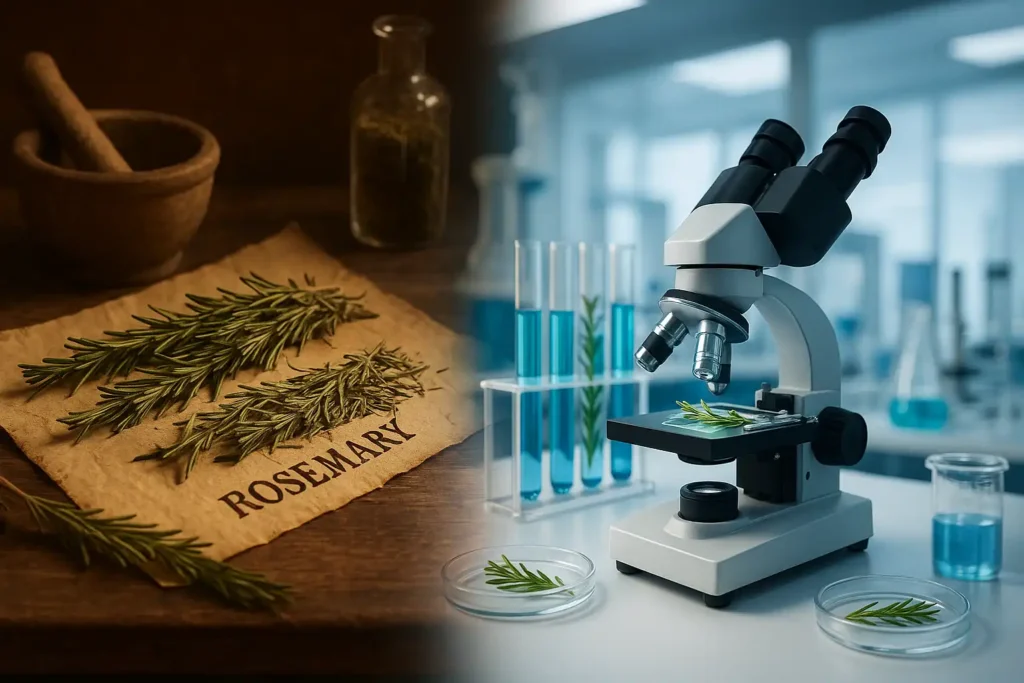 Rosemary herbs and scientific analysis equipment