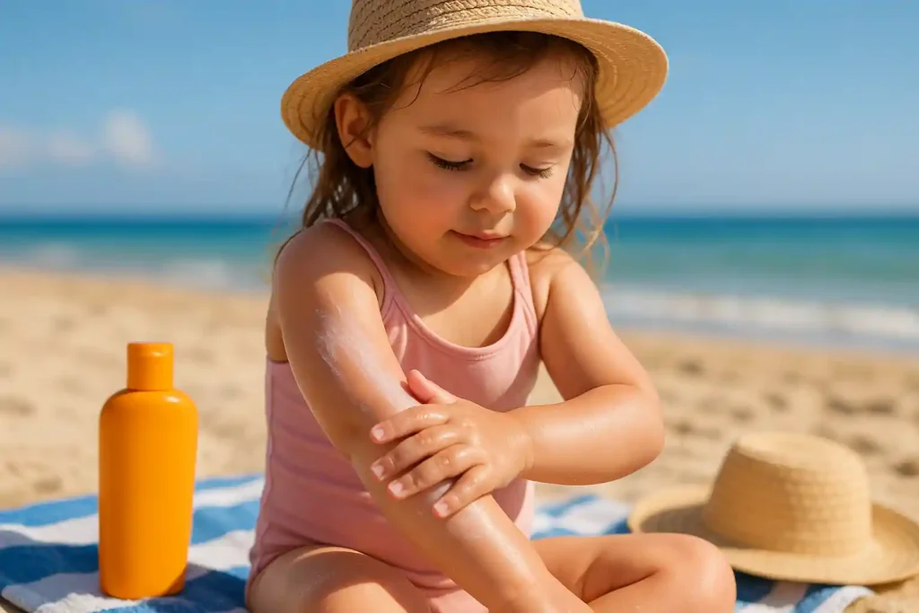 Child applying sunscreen lotion on her arms while sitting on a sunny beach, with smooth skin and a playful expression. The background features soft sand, the ocean, and a bright blue sky. The scene includes sunscreen lotion, a beach towel, and a beach hat, emphasizing the importance of sun protection. The warm sunlight highlights the child’s skin and the protective skincare routine.