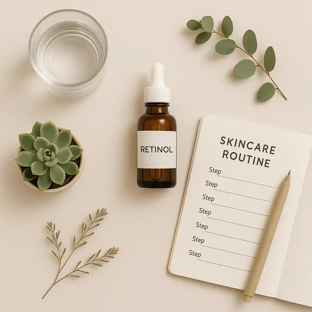 Retinol serum bottle with skincare routine checklist, glass of water, and succulent plant on beige background