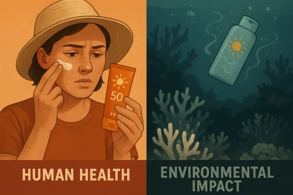 Sunscreen’s dual impact: human health vs. coral reef damage — choosing safe, eco-friendly SPF 50.