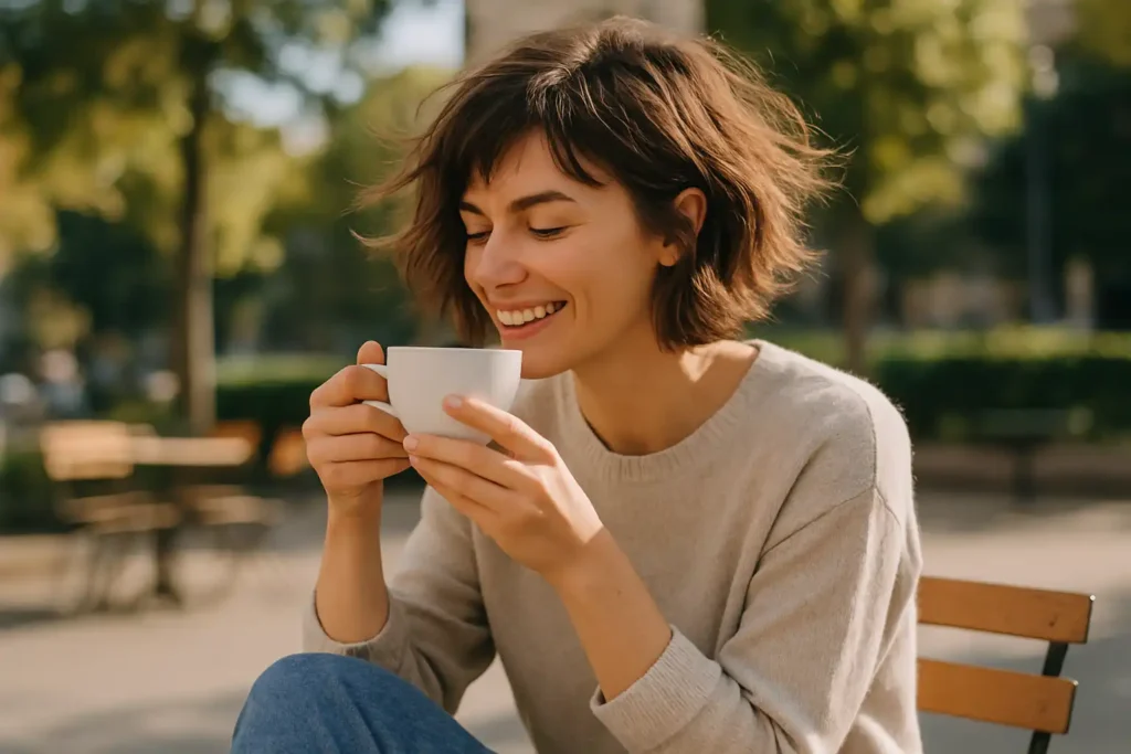 a woman with a messy ripped bob in casual clothes enjoying coffee outdoors
