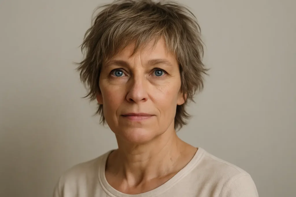 An old women with short shaggy hairstyles