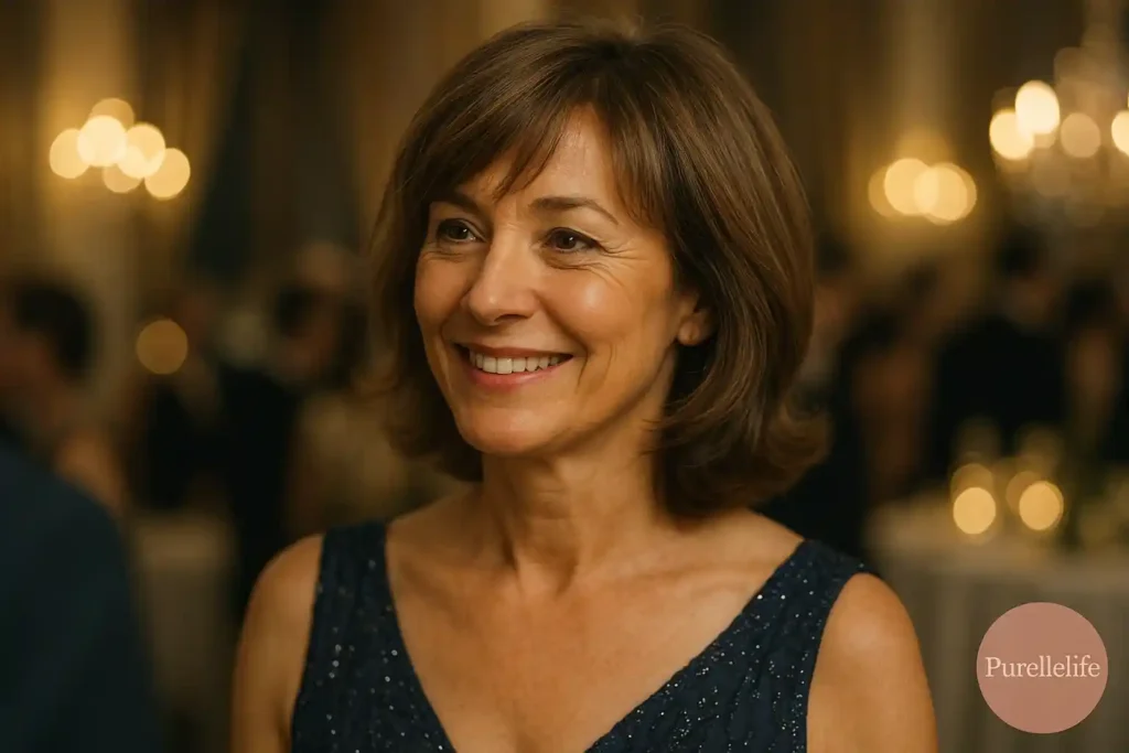 An old model on red carpet with Medium Hairstyles for Women Over 50 with Bangs
