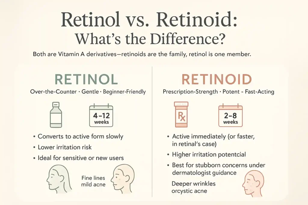 Retinol vs Retinoid comparison infographic: OTC gentle vs prescription-strength potent, benefits, irritation levels, and skin concerns for each.