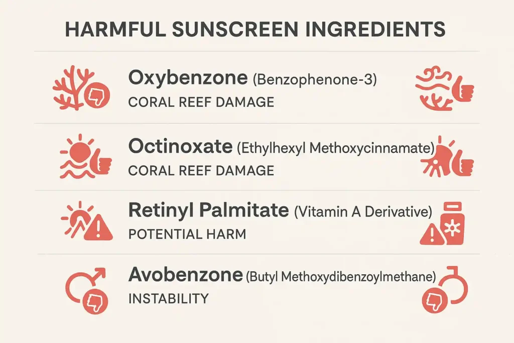Harmful sunscreen ingredients like oxybenzone & octinoxate damage coral reefs — avoid for eco-safe sun protection.