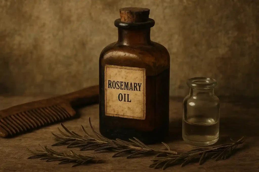 Vintage rosemary oil bottle and herbs