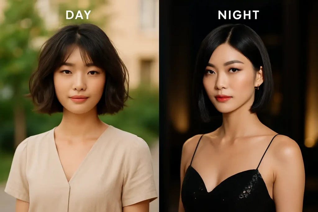 side-by-side shot of the same ripped bob styled wavy for day and sleek straight for night
