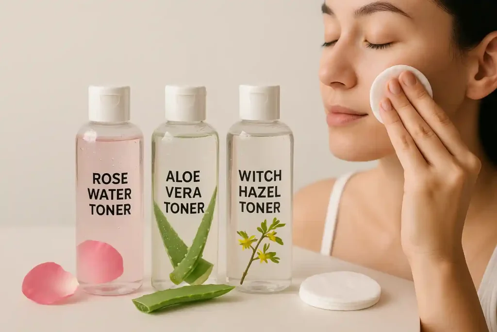 Variety of toners with ingredients like rose water, aloe vera, and witch hazel, alongside a cotton pad being used to apply toner to the face