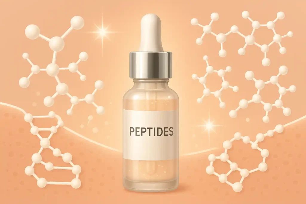 Infographic of a sleek 'Peptides' skin care serum bottle surrounded by molecular structures, highlighting the scientific benefits of peptides for healthy, glowing skin.