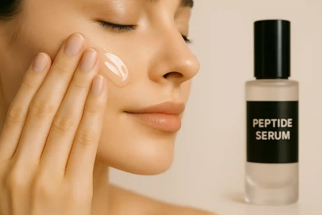 Close-up of a hand applying glossy peptide serum to smooth, healthy skin, with a sleek serum bottle in the background, showcasing a luxurious and professional skincare routine.