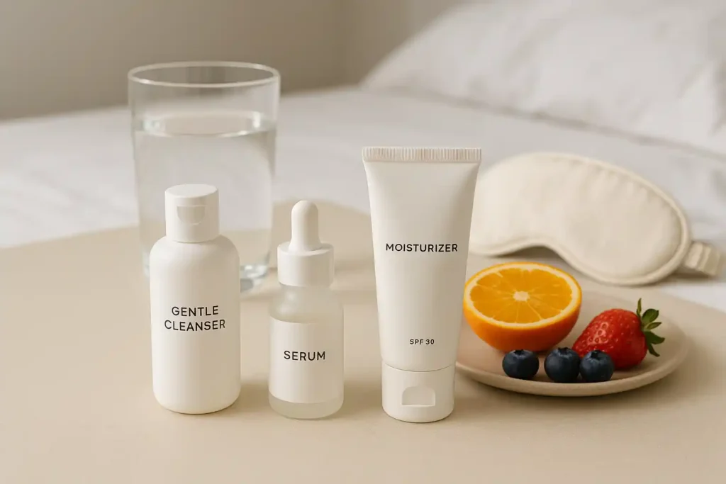 Minimalist image showcasing a well-organized skincare routine with a gentle cleanser, serum, moisturizer, and sunscreen, accompanied by lifestyle elements like a glass of water, fresh fruits, and a sleep mask. The scene features soft natural lighting and a clean, inviting atmosphere, emphasizing the connection between skincare and wellness.