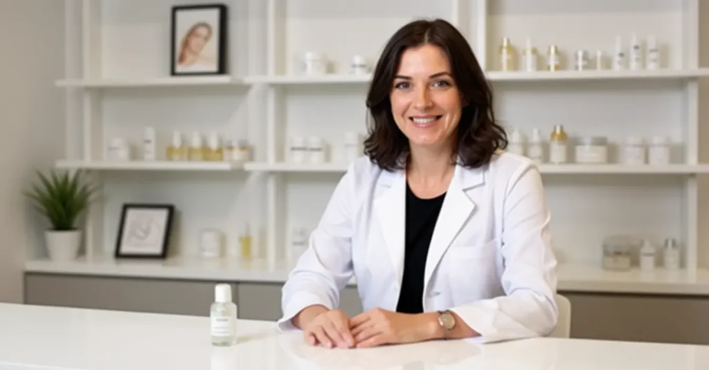 Professional skincare studio scene with a confident woman in a white lab coat, seated at a sleek counter with skincare products neatly arranged. Soft lighting and minimalist decor create a clean, inviting atmosphere focused on beauty and skincare.