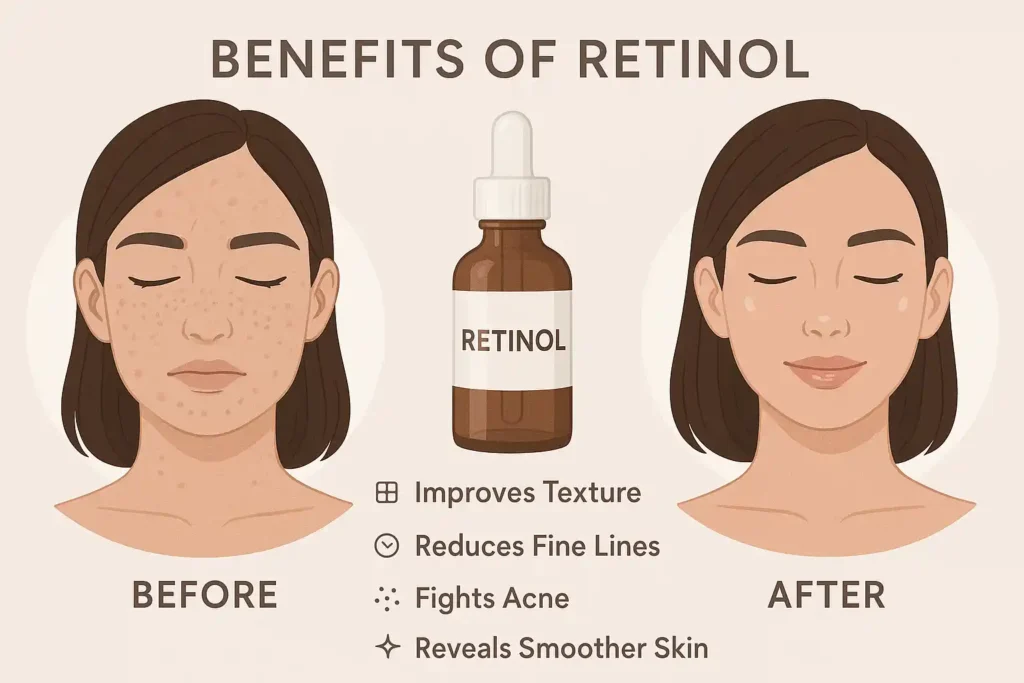 Retinol benefits infographic: Before and after skin transformation showing improved texture, reduced fine lines, acne control, and smoother skin.