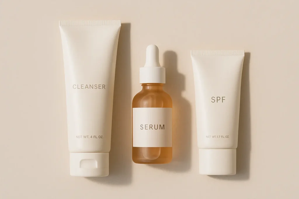 Skinimalism essentials: cleanser, serum, and SPF arranged in minimalist flat-lay — simple, effective skincare for a “less is more” routine.