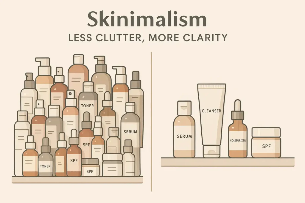 Skinimalism visual: cluttered skincare shelf vs. minimalist 3-product routine — less is more.