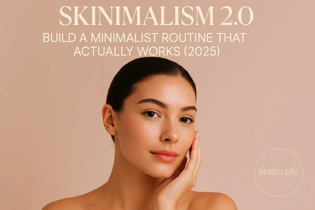 Woman with glowing, natural skin gently touching cheek — magazine-style cover for "Skinimalism 2.0" blog. "Purellelife" watermark.