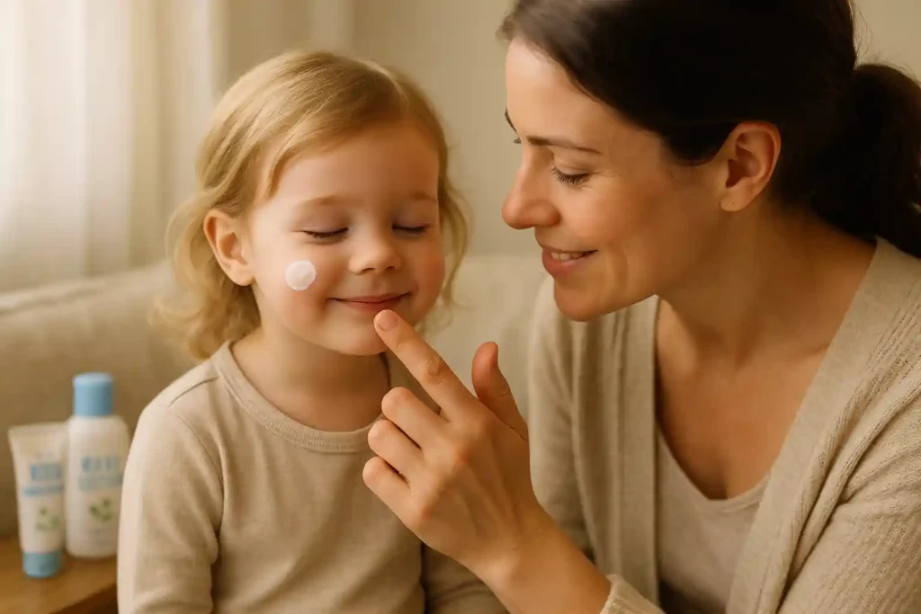 A caring parent gently applying a moisturizer to a child’s face, highlighting the importance of gentle skincare for kids. The image conveys the nurturing bond between parent and child, with skincare products designed for young skin visible in the background, emphasizing the significance of starting skincare habits early in life.