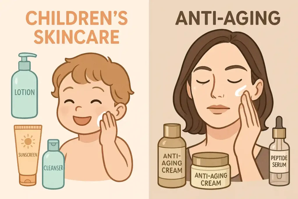 Infographic comparing skin care for kids and adults, featuring gentle products for children like lotion and sunscreen on one side, and anti-aging products with peptides for adults on the other.