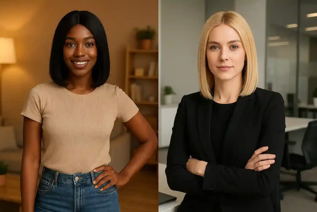 Two models wearing human hair wigs