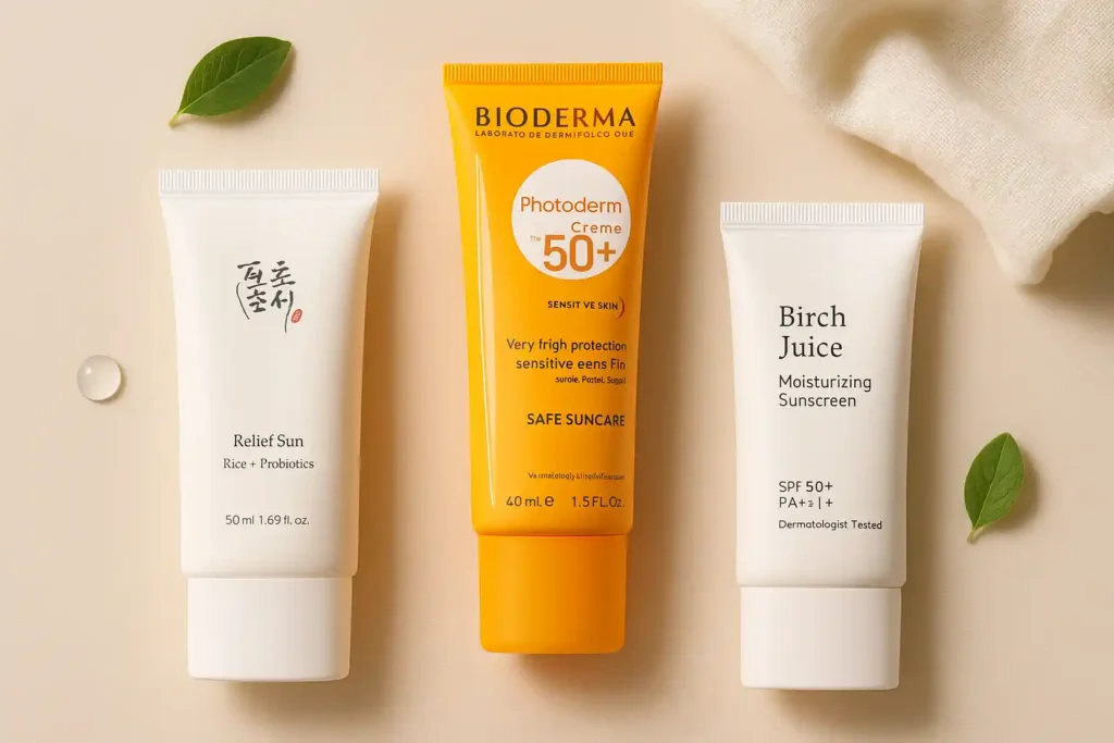 Best gentle sunscreens for sensitive skin: Bioderma Photoderm SPF 50+, Relief Sun & Birch Juice — dermatologist-tested, non-irritating.