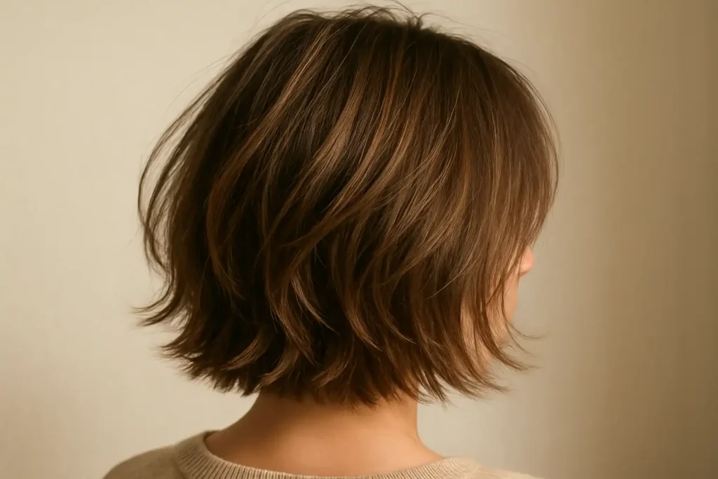 ripped bob haircut showing feathered, textured ends