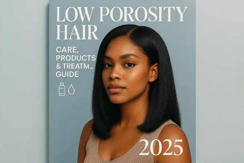 Professional magazine-style cover image for the blog 'Low Porosity Hair: Care, Products & Treatment Guide 2025'. The image features a confident young woman with shiny, healthy low porosity hair styled naturally. The background is minimalist with soft pastel tones, while the blog title is prominently displayed in modern, bold typography. The overall design reflects elegance, professionalism, and the latest trends in hair care.