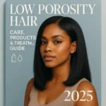 Professional magazine-style cover image for the blog 'Low Porosity Hair: Care, Products & Treatment Guide 2025'. The image features a confident young woman with shiny, healthy low porosity hair styled naturally. The background is minimalist with soft pastel tones, while the blog title is prominently displayed in modern, bold typography. The overall design reflects elegance, professionalism, and the latest trends in hair care.