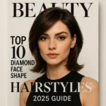 A stylish woman with a diamond-shaped face and sleek layered hair posing on a modern magazine-style cover with the title “Top 10 Diamond Face Shape Hairstyles | 2025 Guide