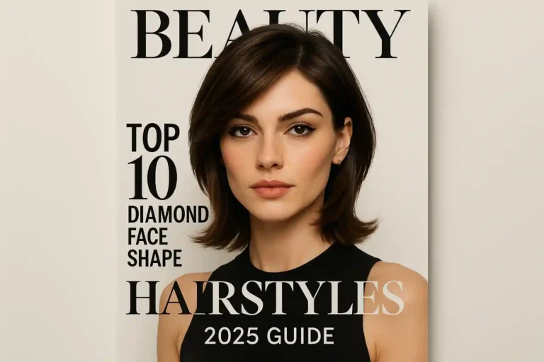 A stylish woman with a diamond-shaped face and sleek layered hair posing on a modern magazine-style cover with the title “Top 10 Diamond Face Shape Hairstyles | 2025 Guide