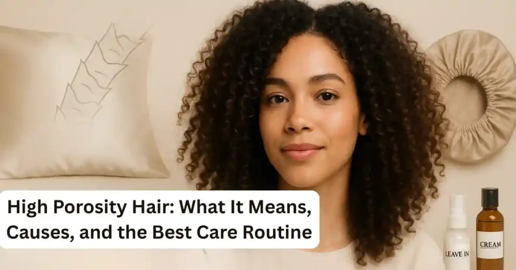 Professional featured image for a haircare blog showing a confident woman with healthy curly hair, satin pillowcase, and moisturizing products, representing high porosity hair care and moisture retention.