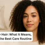 Professional featured image for a haircare blog showing a confident woman with healthy curly hair, satin pillowcase, and moisturizing products, representing high porosity hair care and moisture retention.