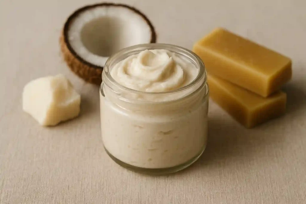 Close-up of a glass jar filled with creamy whipped beef tallow moisturizer, placed beside natural ingredients like coconut oil, tallow, and beeswax on a neutral beige background — conveying a natural skincare aesthetic.