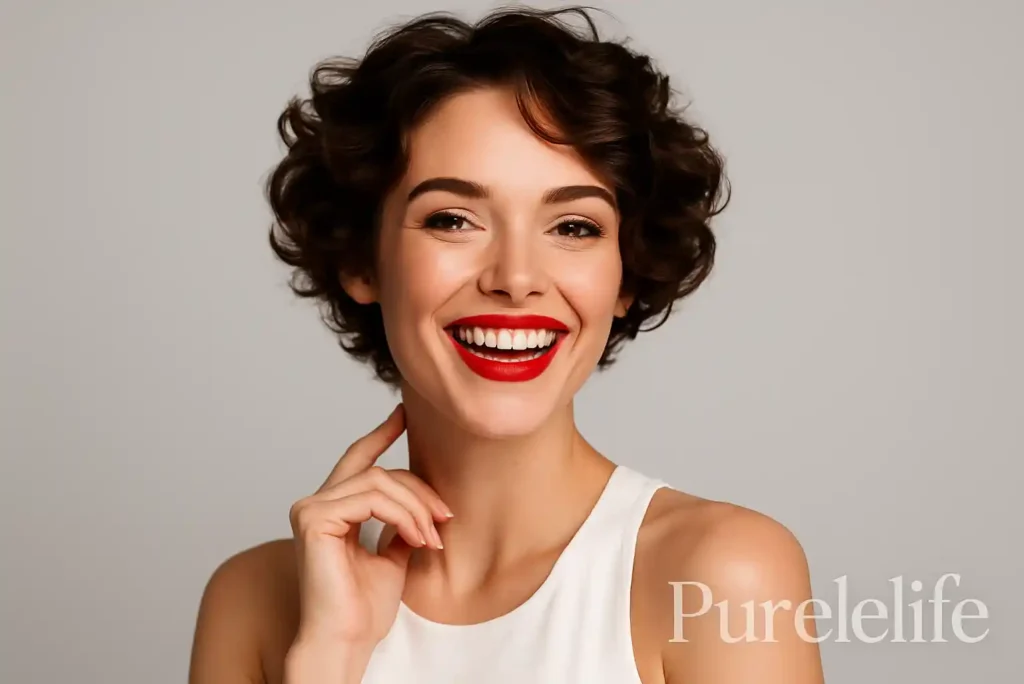 Smiling woman with Curly Hairstyles and red lipstick, wearing white top — Purelelife beauty and skincare brand