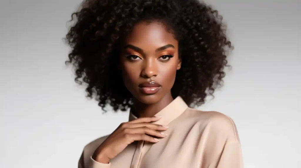 Portrait of a confident Black woman with voluminous, well-defined 4c hair styled in a soft afro, wearing a neutral-toned blouse and subtle glam makeup, posing against a light gray studio background.