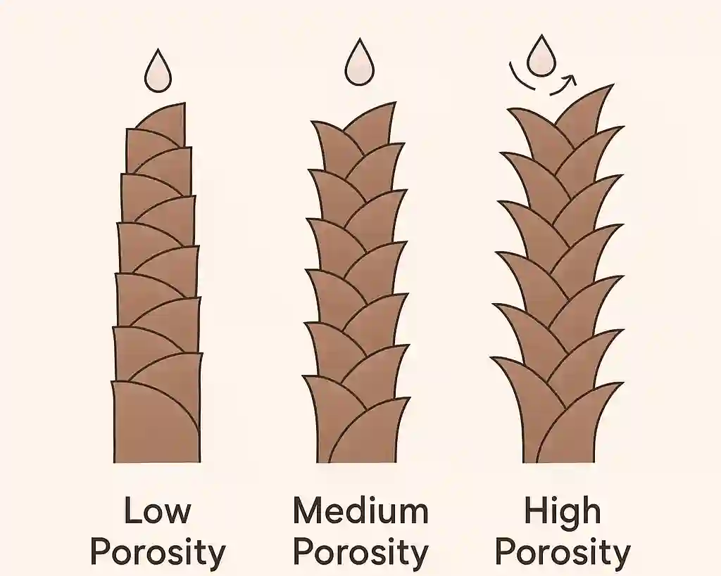 An infographic image showing comparison between low, medium, and high porosity hair