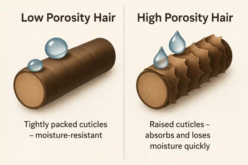 Infographic comparing low porosity vs high porosity hair showing smooth closed cuticles versus raised cuticles with water absorption differences.
