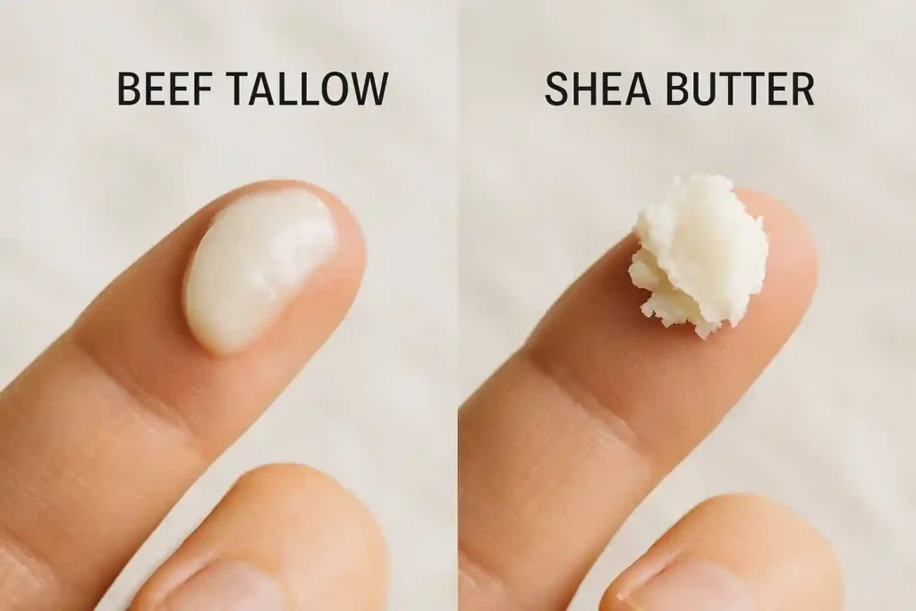 Side-by-side close-up of beef tallow and shea butter on fingertips, showing the smooth, creamy texture of tallow and the thicker, waxy texture of shea butter.