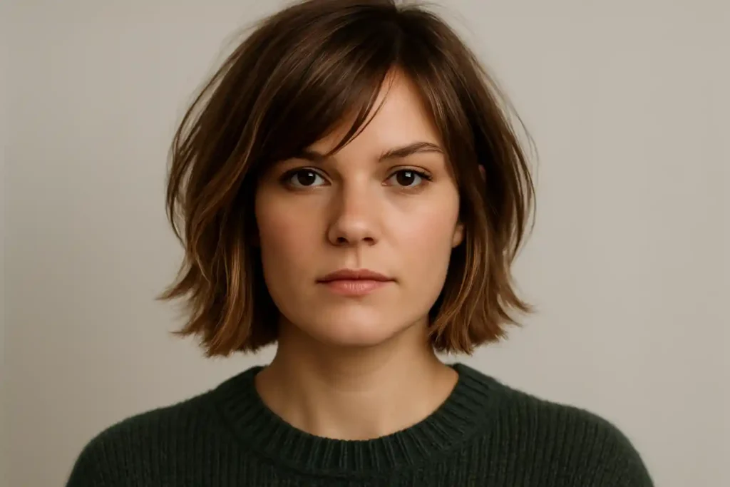 Layered bob with side bangs for square face shapes — soft, textured cut with warm balayage highlights, styled on a woman in a cozy green knit sweater.