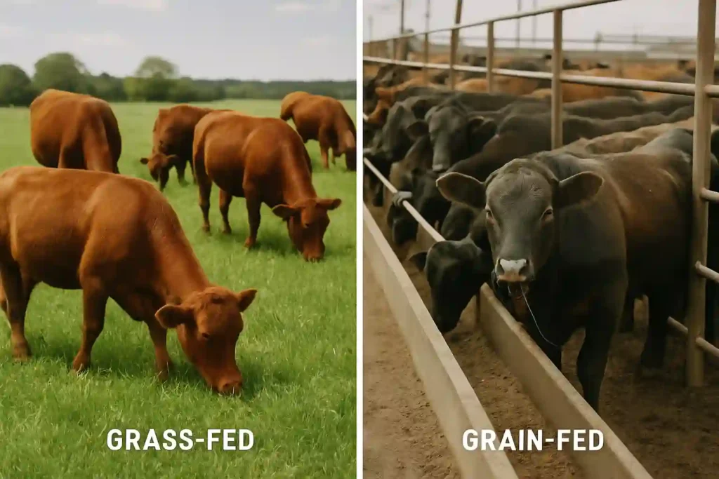 Side-by-side photo showing grass-fed cows grazing on a green pasture and grain-fed cows in a feedlot, illustrating the difference in farming environments.