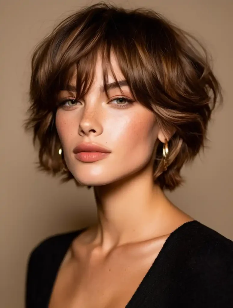 Pixie cut for heart-shaped faces — soft, textured ash brown bob with wispy bangs, styled on a woman with freckles, gold hoops, and a black V-neck top.